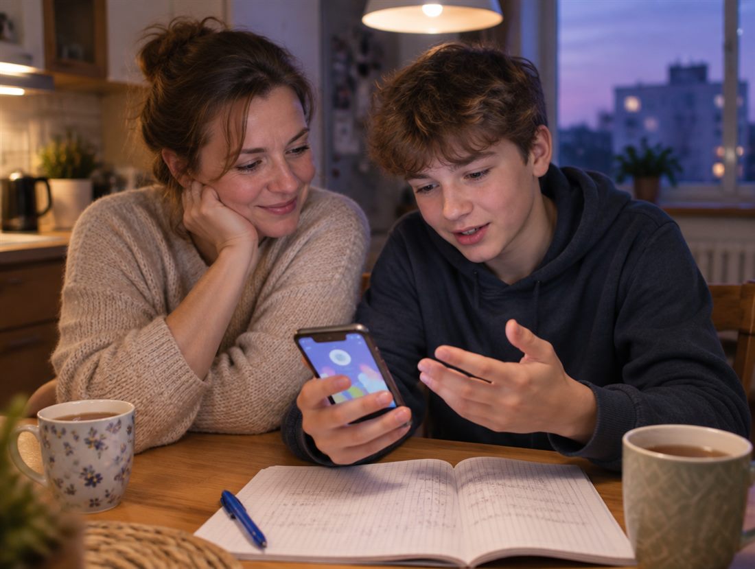 Mama i syn przy kuchennym stole oglądają postęp w aplikacji na telefonie